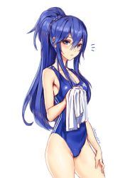 Rule 34 | 1girl, athenawyrm, blue eyes, blue hair, blush, competition swimsuit, fire emblem, fire emblem awakening, flat chest, hair between eyes, highres, long hair, looking at viewer, lucina (fire emblem), nintendo, one-piece swimsuit, ponytail, simple background, smile, solo, swimsuit, tiara, towel, wet