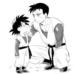 Rule 34 | 2boys, amputee, bad id, bad pixiv id, black eyes, black hair, boots, brothers, dougi, dragon ball, dragonball z, expressionless, eye contact, finger to mouth, fingernails, full body, greyscale, hand on another&#039;s head, height difference, index finger raised, kneeling, light smile, long sleeves, looking at another, lowres, male focus, monochrome, multiple boys, profile, sad smile, scar, short hair, siblings, simple background, smile, son gohan, son goten, spiked hair, standing, time paradox, ttk (ehohmaki), white background