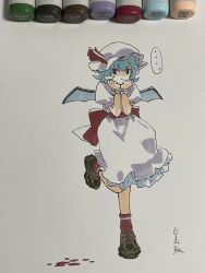 Rule 34 | ..., 1girl, alternate footwear, ambiguous red liquid, art tools in frame, bat wings, blue hair, bow, brown footwear, closed mouth, commentary request, dress, full body, hat, highres, looking at viewer, marker, marker (medium), mob cap, puffy short sleeves, puffy sleeves, red bow, red eyes, red footwear, remilia scarlet, shiratama (hockey), shoes, short hair, short sleeves, sneakers, socks, solo, spoken ellipsis, standing, standing on one leg, touhou, traditional media, wings, wrist cuffs