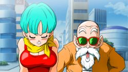 Rule 34 | 1boy, 1girl, angry, ass grab, beard, blue hair, blush, breasts, bulma, cleavage, dragon ball, dragonball z, earrings, facial hair, game cg, highres, jewelry, large breasts, muten roushi, naughty face, old, old man, pervert, scarf, sunglasses, tagme, yamamoto doujin