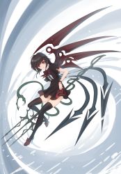 Rule 34 | 1girl, asymmetrical wings, black dress, black hair, black thighhighs, blue wings, bow, bowtie, buttons, center frills, closed mouth, commentary request, dress, footwear bow, frilled dress, frills, full body, highres, houjuu nue, looking at viewer, mary janes, medium hair, namiki (remiter00), polearm, red bow, red bowtie, red eyes, red footwear, red wings, shoes, short dress, short sleeves, snake, solo, thighhighs, touhou, trident, weapon, wings, wrist cuffs