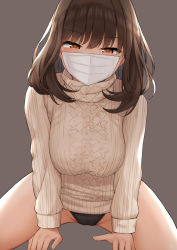 Rule 34 | 1girl, arm support, black panties, breasts, brown eyes, brown hair, cable knit, commentary request, cowboy shot, grey background, half-closed eyes, highres, large breasts, long hair, long sleeves, looking at viewer, mask, mizushina minato, mouth mask, original, panties, simple background, solo, sweater, turtleneck, underwear, white sweater