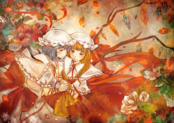 Rule 34 | 2girls, absurdres, adapted costume, autumn leaves, back bow, blonde hair, blue hair, bow, capelet, closed mouth, crystal, flandre scarlet, flower, frilled capelet, frilled skirt, frilled sleeves, frills, hat, highres, large bow, leaf, long hair, long sleeves, looking at another, melon115, mob cap, multicolored wings, multiple girls, orange background, orange theme, puffy short sleeves, puffy sleeves, red bow, red eyes, red flower, red rose, red skirt, red vest, remilia scarlet, ribbon-trimmed sleeves, ribbon trim, rose, shirt, short sleeves, siblings, sisters, skirt, touhou, vest, white capelet, white flower, white headwear, white rose, white shirt, white skirt, wings