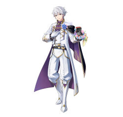 Rule 34 | 1boy, blue flower, blue rose, coat, fire emblem, fire emblem awakening, fire emblem heroes, flower, formal, grey eyes, highres, holding, holding jewelry, holding ring, jewelry, kano akira, looking at viewer, male focus, nintendo, official art, ring, robin (fire emblem), robin (male) (fire emblem), robin (male) (groom) (fire emblem), rose, smile, solo, suit, wedding ring, white coat, white footwear, white hair, white suit