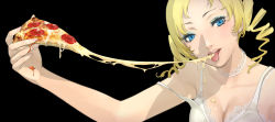Rule 34 | 1girl, 3d, atlus, black background, blonde hair, blue eyes, breasts, catherine, catherine (game), choker, cleavage, drill hair, dripping, eating, eyelashes, eyeshadow, face, food, head tilt, highres, lips, makeup, official art, pizza, pizza slice, short hair, simple background, smile, soejima shigenori, solo, tongue, twintails