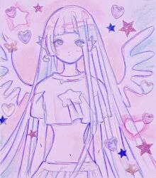 Rule 34 | 1girl, arms at sides, closed mouth, cropped shirt, earrings, heart, highres, jewelry, long hair, multicolored background, multiple earrings, navel, original, pastel colors, pleated skirt, short sleeves, skirt, solo, star (symbol), straight hair, traditional media, very long hair, wings, yosh1to