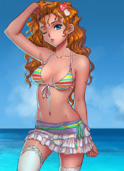 Rule 34 | 1girl, :o, aion (warpfield), bikini, bikini top only, breasts, day, frilled skirt, frills, front-tie top, hair ornament, hand in own hair, highres, long hair, looking at viewer, medium breasts, navel, ocean, one eye closed, orange hair, original, parted lips, shiny skin, skirt, solo, striped bikini, striped clothes, swimsuit, thighhighs, water, wavy hair, white thighhighs, zettai ryouiki