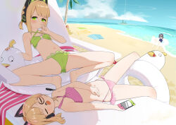 Rule 34 | 4girls, absurdres, animal ear headphones, animal ears, aris (blue archive), beach, blonde hair, blue archive, blush, breasts, cameltoe, cloud, collarbone, fake animal ears, game console, headphones, highres, innertube, long hair, lying, marshal (artist), midori (blue archive), momoi (blue archive), multiple girls, navel, ocean, one-piece swimsuit, open mouth, palm tree, sleeping, small breasts, stomach, sunglasses, swim ring, swimsuit, thighs, tree, water, yuzu (blue archive)