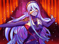 Rule 34 | 1girl, aquanut, armpits, azura (fire emblem), blue hair, curtains, dancing, detached sleeves, dress, fire emblem, fire emblem fates, half mask, long hair, looking at viewer, mask, nintendo, solo, stage, veil, yellow eyes