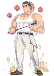 Rule 34 | 1boy, aizen (housamo), alternate costume, bara, black hair, blush, bracelet, facial mark, forehead mark, full body, halo, halo behind head, jewelry, kijimahyogo, large pectorals, looking at viewer, male focus, official art, open mouth, pants, pectorals, red eyes, shoes, solo, sweatdrop, tank top, tokyo houkago summoners, transparent background