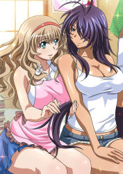Rule 34 | 2girls, :d, antenna hair, apron, blue eyes, blue skirt, breasts, cleavage, closed mouth, collarbone, collared shirt, curly hair, dress shirt, eye contact, grey eyes, grey shorts, hair over one eye, hairband, hand on lap, ikkitousen, indoors, kan&#039;u unchou, large breasts, light brown hair, long hair, looking at another, low-tied long hair, miniskirt, multiple girls, open mouth, pink apron, pleated skirt, red hairband, shiny skin, shirt, short shorts, shorts, sideboob, skirt, sleeveless, sleeveless shirt, smile, sonken chuubou, sparkle, very long hair, white shirt, wing collar, yuri
