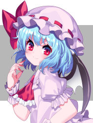 Rule 34 | 1girl, ascot, bat wings, blue hair, blush, bow, closed mouth, dress, finger to cheek, fingernails, flat chest, green background, hair between eyes, hat, hat bow, hat ribbon, head tilt, highres, looking at viewer, mob cap, nail polish, pink dress, pink hat, puffy short sleeves, puffy sleeves, red ascot, red bow, red eyes, red nails, red ribbon, remilia scarlet, ribbon, sharp fingernails, short hair, short sleeves, simple background, smile, solo, touhou, two-tone background, upper body, white background, wings, yuujin (yuzinn333)