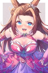 Rule 34 | 1girl, :d, animal ears, bare shoulders, blue eyes, blush, bow, braid, breasts, brown hair, cleavage, commentary request, detached sleeves, dress, ear bow, grey background, heavy breathing, highres, horse ears, ittokyu, kawakami princess (umamusume), long hair, long sleeves, looking at viewer, medium breasts, open mouth, parted bangs, pink dress, pink sleeves, skirt hold, sleeveless, sleeveless dress, sleeves past wrists, smile, solo, striped, striped bow, two-tone background, umamusume, very long hair, white background