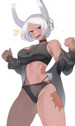 Rule 34 | 1girl, :d, absurdres, animal ears, bare shoulders, black choker, black jacket, black panties, black sports bra, blush, boku no hero academia, breasts, choker, clenched hands, dark-skinned female, dark skin, highleg, highleg panties, highres, jacket, koyap, large breasts, layered panties, long eyelashes, looking at viewer, mirko, navel, notice lines, off shoulder, open mouth, panties, panties under panties, parted bangs, rabbit ears, rabbit girl, rabbit tail, red eyes, scar, scar on arm, scar on leg, scar on stomach, short hair, sideboob, skindentation, smile, solo, sports bra, stomach, tail, teeth, thick thighs, thighs, toned, underwear, upper teeth only, white background, white hair