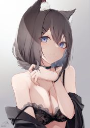 Rule 34 | 1girl, animal ear fluff, animal ears, bare shoulders, black bra, black choker, black hair, black shirt, blue eyes, blush, bra, breasts, choker, cleavage, closed mouth, collarbone, commentary request, dated, gradient background, grey background, hair between eyes, looking at viewer, mayogii, medium breasts, off shoulder, open clothes, open shirt, original, shirt, signature, smile, solo, strap slip, underwear, upper body, white background