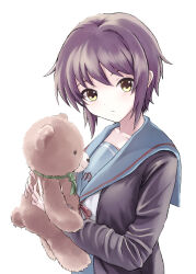 Rule 34 | 1girl, blue sailor collar, blue skirt, brown cardigan, cardigan, closed mouth, commentary request, expressionless, highres, holding, holding stuffed toy, kita high school uniform, long sleeves, looking at viewer, nagato yuki, ninimaru, open cardigan, open clothes, purple hair, red ribbon, ribbon, sailor collar, school uniform, serafuku, short hair, simple background, skirt, solo, stuffed animal, stuffed toy, suzumiya haruhi no yuuutsu, teddy bear, upper body, white background, winter uniform, yellow eyes