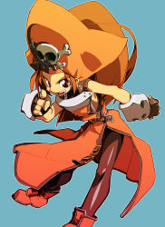 Rule 34 | 1girl, arc system works, brown eyes, brown hair, fingerless gloves, gloves, guilty gear, hat, long hair, matching hair/eyes, may (guilty gear), orange hat, orange shirt, pantyhose, pirate hat, pointing, pointing at viewer, shirt, skull and crossbones, smile, solo, ysk!