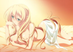 Rule 34 | 10s, 1girl, blonde hair, blush, breast hold, breasts, celistia ralgris, collarbone, female focus, gradient background, green eyes, highres, ka2, large breasts, long hair, looking at viewer, lying, naked towel, navel, nose blush, on bed, on stomach, saijaku muhai no bahamut, smile, solo, towel