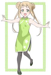 Rule 34 | 1girl, absurdres, black pantyhose, blonde hair, blush, china dress, chinese clothes, crust gm0, double bun, dress, green eyes, hair bun, happy, highres, inose mai, koisuru asteroid, open mouth, outstretched arms, pantyhose, shoes, solo, standing, twintails