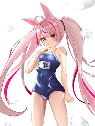 Rule 34 | 1girl, absurdres, ahoge, animal ears, arm up, blue one-piece swimsuit, blush, breasts, covered navel, hand on own shoulder, highres, long hair, neri abuli, one-piece swimsuit, pink eyes, pink hair, rabbit ears, school swimsuit, simple background, small breasts, solo, swimsuit, thighs, tomari mari, tomari mari channel, twintails, very long hair, virtual youtuber, wet, wet clothes, wet swimsuit, white background