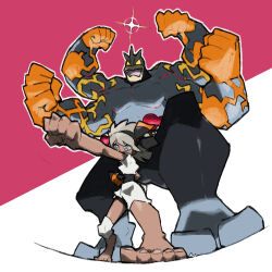 1girl barefoot bea_(pokemon) black_hairband blacknirrow clenched_hands creatures_(company) dark-skinned_female dark_skin extra_arms full_body game_freak gen_1_pokemon gigantamax gigantamax_machamp glint gloves grey_eyes grey_hair hairband machamp muscular nintendo open_mouth orange_gloves outline outstretched_arm pokemon pokemon_(creature) pokemon_swsh shirt shorts simple_background single_glove standing two-tone_background white_outline white_shirt white_shorts yellow_eyes