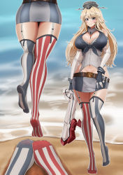 Rule 34 | 1girl, absurdres, american flag legwear, ass, asymmetrical legwear, blonde hair, blue eyes, breasts, elbow gloves, fingerless gloves, front-tie top, garter straps, gloves, headgear, highres, iowa (kancolle), kantai collection, large breasts, miniskirt, mismatched legwear, multiple views, navel, skirt, soles, star-shaped pupils, star (symbol), striped clothes, striped skirt, striped thighhighs, symbol-shaped pupils, thighhighs, tsa, vertical-striped clothes, vertical-striped skirt, vertical-striped thighhighs, white gloves