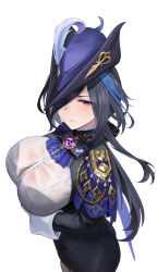 Rule 34 | 1girl, absurdres, black hair, black skirt, blue capelet, blue hair, bra visible through clothes, breasts, capelet, clorinde (genshin impact), commentary, cowboy shot, genshin impact, hat, hat feather, highres, huge breasts, kamko, long hair, looking at viewer, multicolored hair, purple eyes, simple background, skirt, solo, standing, streaked hair, tricorne, very long hair, white background