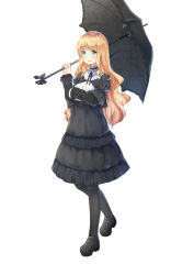 Rule 34 | 1girl, black choker, black dress, black footwear, black pantyhose, black ribbon, black umbrella, blonde hair, blue eyes, chahei, choker, commentary, dress, frilled choker, frills, full body, gothic lolita, highres, holding, holding umbrella, lace, layered sleeves, loafers, lolita fashion, long hair, long sleeves, looking at viewer, neck ribbon, original, pantyhose, parted lips, puffy short sleeves, puffy sleeves, ribbon, shoes, short over long sleeves, short sleeves, simple background, sleeves past wrists, solo, standing, standing on one leg, symbol-only commentary, umbrella, very long hair, white background