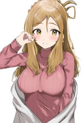 Rule 34 | 1girl, absurdres, alternate hair length, alternate hairstyle, blonde hair, blush, braid, breasts, commentary request, crown braid, earrings, hair between eyes, hair rings, highres, jewelry, large breasts, long hair, long sleeves, looking at viewer, love live!, love live! sunshine!!, medium breasts, nail polish, necklace, ohara mari, pink sweater, ribbed sweater, simple background, smile, solo, sunya (honorin-yuunibo), sweater, teeth, turtleneck, turtleneck sweater, upper body, white background, yellow eyes