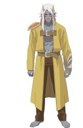 Rule 34 | 1boy, abdominal line, barefoot, brown pants, closed mouth, colored skin, grey skin, horns, jacket, long hair, looking at viewer, ogre, pants, re:monster, rou (re:monster), smile, transparent background, very long hair, white hair, yellow jacket