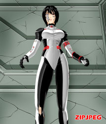 Rule 34 | 1girl, android, black hair, bodysuit, cyborg, damaged, empty eyes, mecha, mechanical parts, red eyes, robot, shiny clothes, short hair, skin tight, solo, spandex, torn clothes