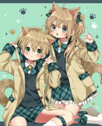 Rule 34 | 1boy, 1girl, animal ears, aqua eyes, blonde hair, blue eyes, blush, closed mouth, dog boy, dog ears, dog girl, dog tail, frown, highres, long hair, looking at viewer, matching outfits, open mouth, original, rii (pixiv11152329), short hair, shorts, siblings, skirt, socks, tail, twins