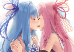 Rule 34 | 2girls, bare shoulders, blue hair, blue ribbon, closed eyes, commentary request, detached sleeves, doonatsu., fingernails, french kiss, hair intakes, hair ribbon, hand on another&#039;s shoulder, incest, kiss, kotonoha akane, kotonoha aoi, long hair, long sleeves, multiple girls, pink hair, profile, purple eyes, red ribbon, ribbon, siblings, simple background, sisters, tears, tongue, tongue out, very long hair, voiceroid, white background, yuri