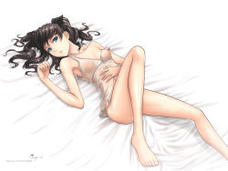 Rule 34 | 1girl, bare shoulders, barefoot, black hair, blue eyes, bottomless, breasts, camisole, collarbone, dan (kumadan), dated, fate/stay night, fate (series), hair ribbon, highres, legs, lips, long hair, long legs, looking at viewer, lying, nipples, off shoulder, on back, ribbon, see-through, shiny skin, signature, small breasts, solo, strap slip, tohsaka rin