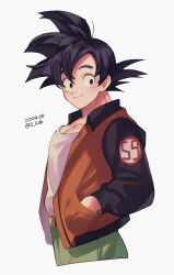 Rule 34 | 1boy, belt, black eyes, black hair, casual, commentary request, cropped torso, dated, dragon ball, dragon ball super, green pants, hand in pocket, jacket, letterman jacket, male focus, number print, open clothes, open jacket, orange jacket, pants, pectoral cleavage, pectorals, print jacket, shirt, simple background, solo, son goku, spiked hair, twitter username, upper body, white background, white shirt, zero-go