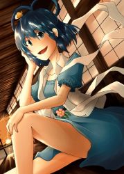 Rule 34 | 1girl, architecture, artist request, bad id, bad pixiv id, dress, east asian architecture, female focus, hair ornament, hair rings, hair stick, kaku seiga, legs, shawl, short hair, sitting, smile, solo, sunset, touhou, vest