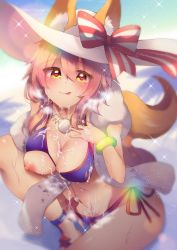 Rule 34 | 1girl, absurdres, animal ears, bad id, bad pixiv id, bikini, blue bikini, blush, breasts, cleavage, collarbone, cum, cum on body, cum on breasts, cum on upper body, ears through headwear, facial, fate/grand order, fate (series), female masturbation, fox ears, fox tail, hat, heart, heart-shaped pupils, highres, kaenuco, large breasts, long hair, looking at viewer, masturbation, navel, nipples, ocean, one breast out, pink hair, pussy juice, solo, swimsuit, symbol-shaped pupils, tail, tamamo (fate), tamamo no mae (fate/extra), tamamo no mae (swimsuit lancer) (fate), tamamo no mae (swimsuit lancer) (third ascension) (fate), tongue, white hat, yellow eyes