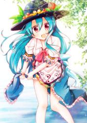 Rule 34 | 1girl, blue hair, blurry, dress, food, fruit, hat, highres, hinanawi tenshi, ichijo rei, legs, long hair, looking at viewer, open mouth, peach, red eyes, solo, touhou, water, wringing clothes
