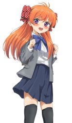 Rule 34 | 1girl, :d, backpack, bag, black thighhighs, blazer, blue bow, blue skirt, blush, bow, collared shirt, commentary request, dress shirt, gekkan shoujo nozaki-kun, grey jacket, hair between eyes, hair bow, hands up, highres, holding strap, jacket, long hair, long sleeves, looking at viewer, open clothes, open jacket, open mouth, orange hair, pleated skirt, polka dot, polka dot bow, purple eyes, red bow, sakura chiyo, shirt, simple background, sincos, skirt, smile, solo, teeth, thighhighs, upper teeth only, very long hair, white background, white shirt