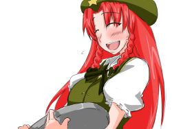 Rule 34 | 1girl, :d, ^ ^, bakuya, beret, bow, braid, closed eyes, closed eyes, female focus, hair bow, hat, hong meiling, long hair, open mouth, red hair, smile, solo, star (symbol), touhou, tray, twin braids, upper body