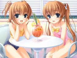 Rule 34 | 2girls, between thighs, blue eyes, blush, brown hair, camisole, casual one-piece swimsuit, chair, cutoffs, denim, denim shorts, drink, drinking straw, flat chest, game cg, hair ribbon, hajimete no otetsudai, happy, head rest, midriff, multiple girls, nanami to konomi no oshiete abc, nishimura konomi, nishimura nanami, one-piece swimsuit, pov across table, ribbon, short shorts, short twintails, shorts, siblings, sin-go, sisters, sitting, smile, swimsuit, table, thighs, twins, twintails, v arms