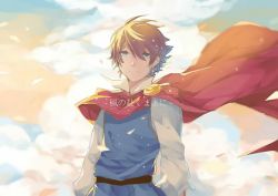 Rule 34 | 1boy, belt, blue eyes, blue tunic, brown eyes, brown hair, bartz klauser, cape, cloud, cloudy sky, final fantasy, final fantasy v, hair between eyes, leaf, falling leaves, looking at viewer, male focus, pudding 1106, red cape, sky, solo, translation request, wind, wind lift