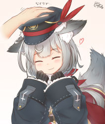 Rule 34 | 1girl, ^ ^, aiguillette, animal ears, belt, black gloves, closed eyes, closed mouth, coreytaiyo, dated, ears down, gloves, hand on another&#039;s head, hat, headpat, heart, highres, long sleeves, military, military hat, original, peaked cap, short hair, signature, silver hair, simple background, smile, solo focus, tail, wolf ears, wolf tail