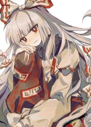 Rule 34 | 1girl, bow, collared shirt, feet out of frame, fujiwara no mokou, grey bow, grey shirt, hair bow, hand on own knee, highres, long hair, long sleeves, looking at viewer, ofuda, ofuda on clothes, pants, red bow, red eyes, red pants, shirt, smile, solo, suspenders, touhou, two-tone bow, very long hair, white hair, youshouhaoxianzhe