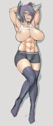 Rule 34 | 10s, 1girl, abs, bike shorts, breasts, commentary request, eyepatch, kantai collection, large breasts, mikoyan, muscular, muscular female, nipples, puffy nipples, sharp teeth, teeth, tenryuu (kancolle), thighhighs, zettai ryouiki