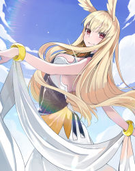 Rule 34 | 1girl, armor, armored dress, blonde hair, blue sky, blush, bracelet, breasts, cloud, commentary request, day, dress, fate/grand order, fate (series), head wings, highres, jewelry, long dress, long hair, looking at viewer, medium breasts, outdoors, pink eyes, shunka tunacan, sky, smile, solo, thrud (fate), valkyrie (fate), very long hair, white dress, wings