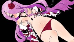 Rule 34 | 1girl, black background, body blush, chain, covering privates, covering breasts, criminal girls, cuffs, dress, flower, frilled dress, frills, hair flower, hair ornament, hair over one eye, himekami (criminal girls), ichihaya, long hair, long sleeves, navel, no bra, official art, panties, pink eyes, pink hair, red panties, red theme, shackles, simple background, solo, underwear