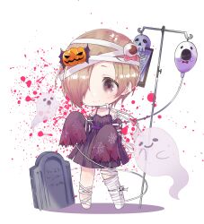 Rule 34 | 1girl, absurdres, bandaged arm, bandaged head, bandaged leg, bandaged neck, bandages, bare shoulders, blonde hair, blood, blush, brown eyes, clipboard, closed mouth, collarbone, detached sleeves, dot nose, dress, ear piercing, eyeball, flat chest, full body, ghost, glint, grave, hair over one eye, halloween, hands up, highres, idolmaster, idolmaster cinderella girls, idolmaster cinderella girls starlight stage, intravenous drip, iv stand, jewelry, looking at viewer, lunim (roo 0 0), paper, piercing, pink blood, print sleeves, pumpkin, purple dress, purple sleeves, shirasaka koume, short hair, skull, sleeveless, sleeveless dress, sleeves past fingers, sleeves past wrists, solo, spider web print, standing, torn clothes, white background