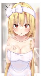 Rule 34 | 1girl, after bathing, arihara nanami, bare arms, bare shoulders, bathroom, blonde hair, blush, bow, breast hold, breasts, cleavage, collarbone, commentary request, covered erect nipples, curvy, double-parted bangs, eyelashes, eyes visible through hair, framed, groin, hair between eyes, hair bow, hair down, hair over shoulder, hairband, heart, heart-shaped pupils, highres, indoors, large breasts, long hair, naked towel, notice lines, paid reward available, parted lips, red eyes, riddle joker, shiny skin, sidelocks, solo, steam, straight-on, straight hair, symbol-shaped pupils, towel, upper body, variant set, very long hair, water drop, wet, white bow, white hairband, white towel, yosh1na