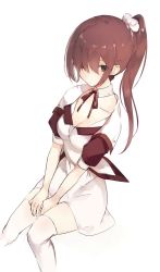 Rule 34 | 1girl, blunt bangs, blush, breasts, brown eyes, brown hair, cleavage, closed mouth, detached collar, dress, hair over one eye, long hair, looking at viewer, lpip, medium breasts, one eye covered, ponytail, puffy short sleeves, puffy sleeves, short sleeves, simple background, sitting, solo, thighhighs, v arms, white background, white dress, white thighhighs, wing collar